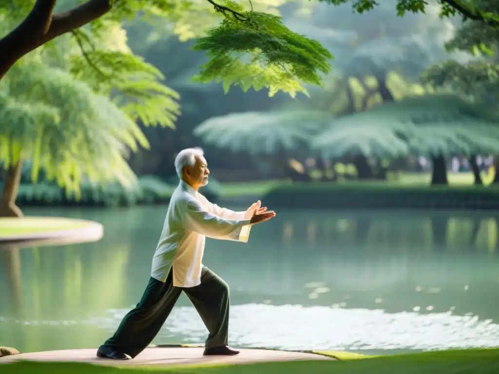 Practicante de Tai Chi en un parque sereno, rodeado de árboles altos y agua tranquila
