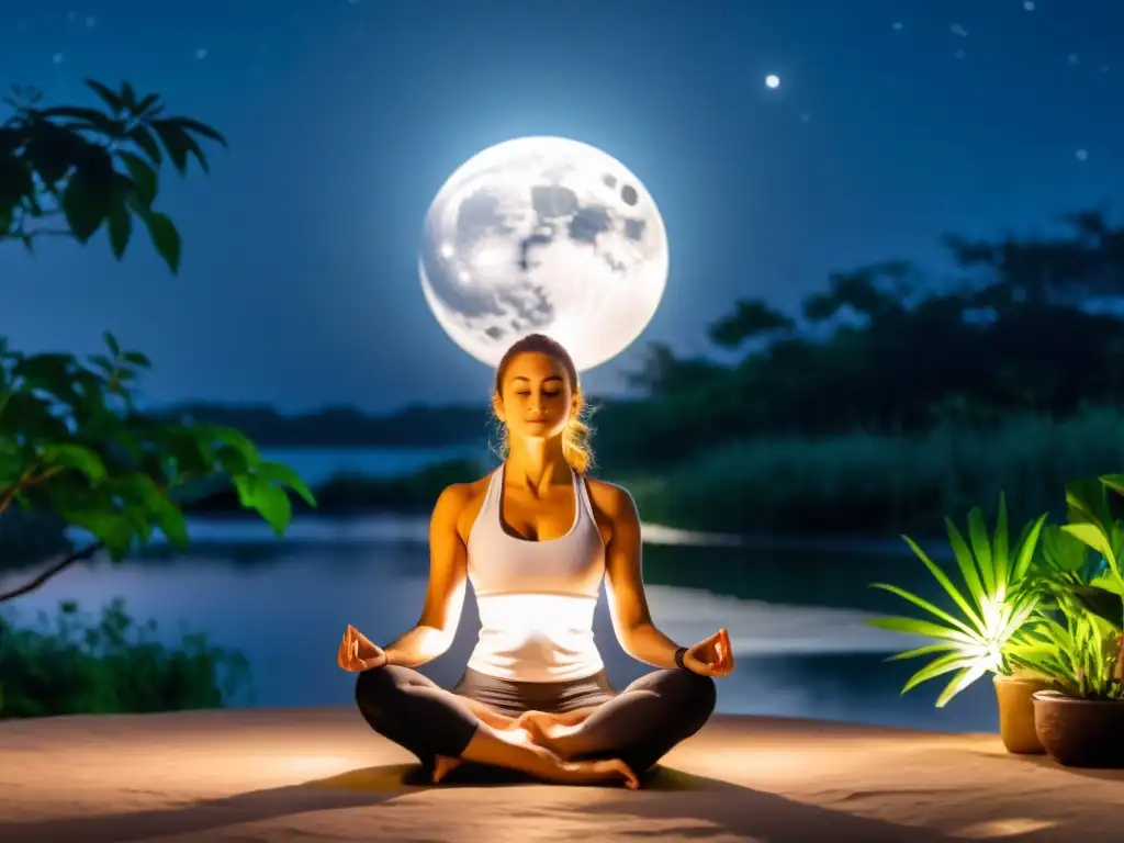 Practicante de yoga en pose meditativa bajo la luna llena, rodeado de naturaleza exuberante