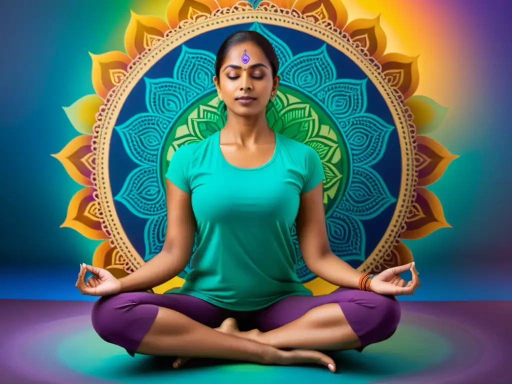 Practicante de yoga en pose meditativa, rodeado de vibrantes mandalas y colores significativos del hinduismo