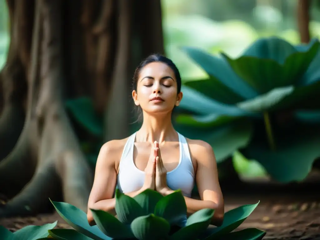 Un practicante de yoga en posición de loto practicando pranayama al aire libre, rodeado de luz natural filtrada entre hojas de árboles