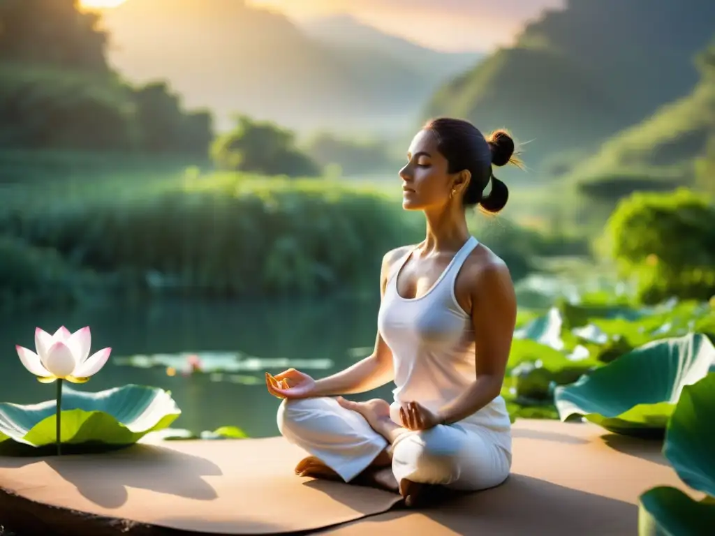 Un practicante de yoga en posición de loto, rodeado de naturaleza exuberante y bañado por la luz del sol