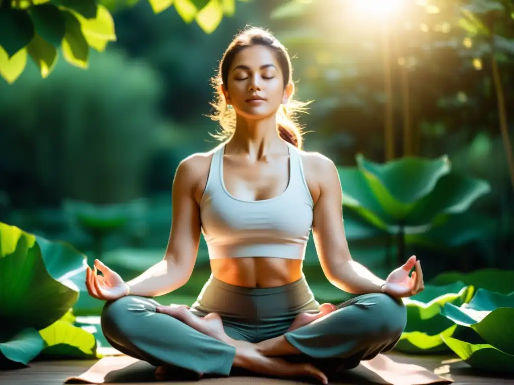 Una practicante de yoga en posición de loto, realizando técnicas de pranayama en un entorno natural y sereno, irradiando espiritualidad