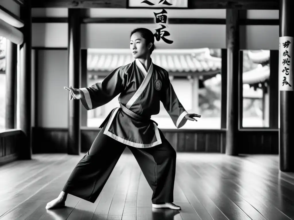 Un practicante de Baguazhang en postura defensiva, iluminado por la tenue luz de un estudio de artes marciales chino