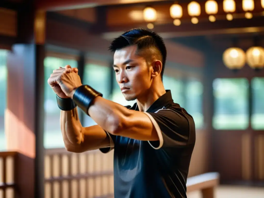 Practicante de Wing Chun ejecutando una potente técnica ancestral con intensidad y concentración, en un espacio tradicional de entrenamiento