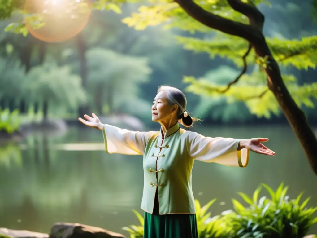 Una practicante de Qigong en un parque exuberante, viste ropa china tradicional y realiza movimientos fluidos