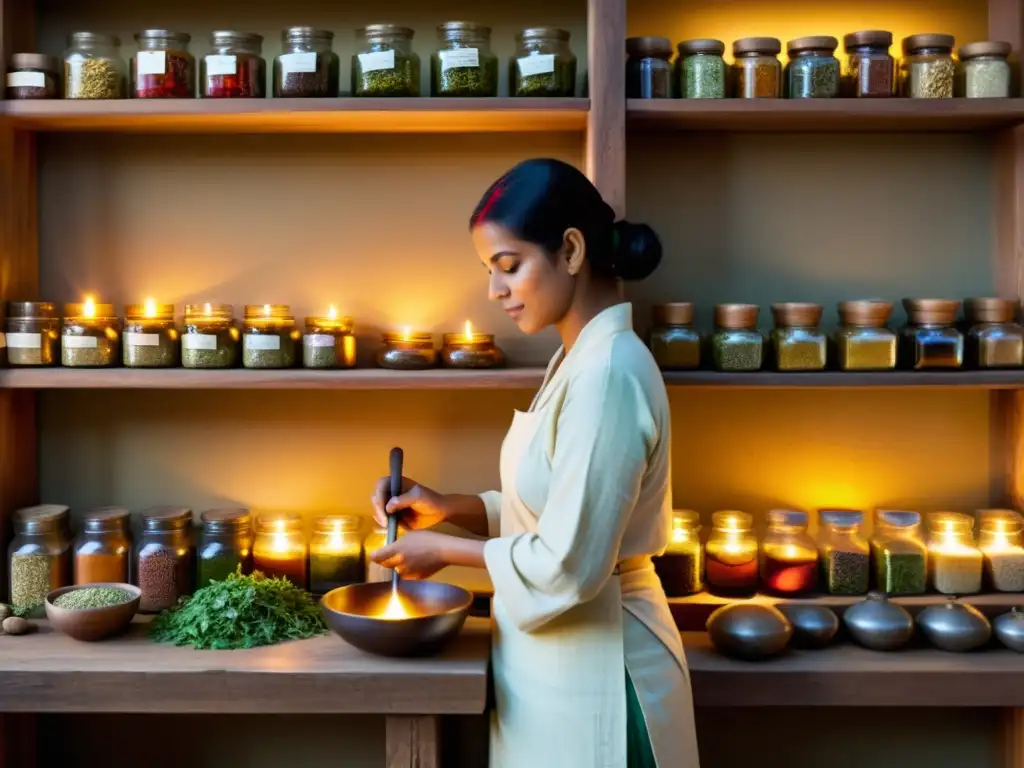 Un practicante de Ayurveda prepara remedios a la luz tenue en una apotecaría rústica, evocando la conexión entre Ayurveda y Hinduismo