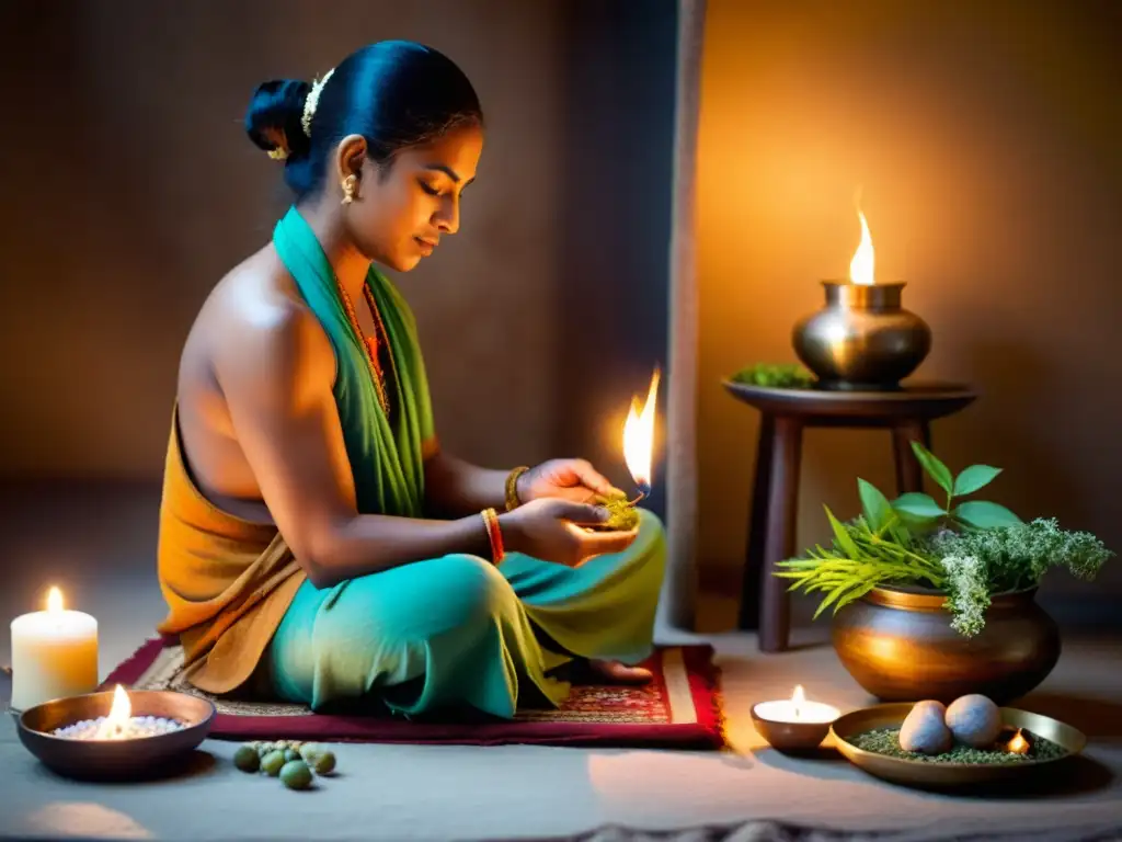 Un practicante de Ayurveda realiza un ritual curativo rodeado de hierbas fragantes, incienso y luz tenue