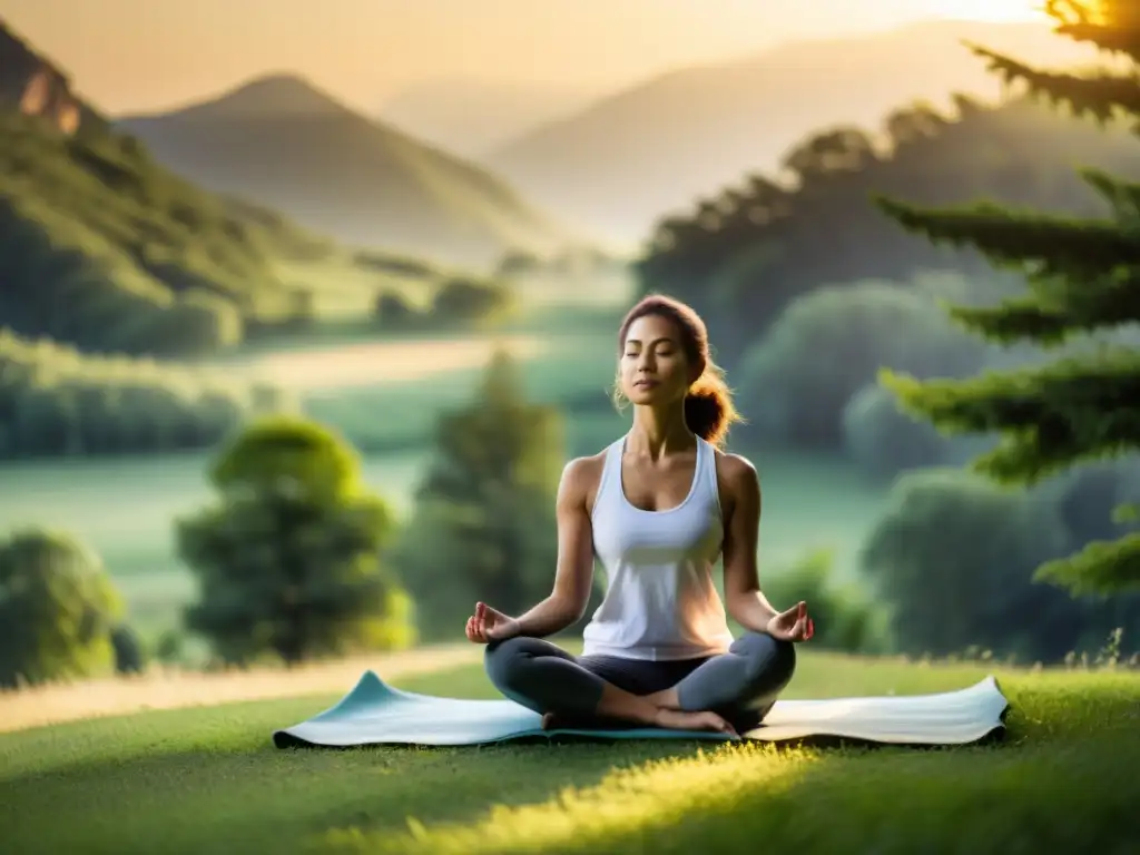 Practicante de yoga en meditación al amanecer, rodeado de naturaleza, reflejando el sistema filosófico del Yoga Clásico