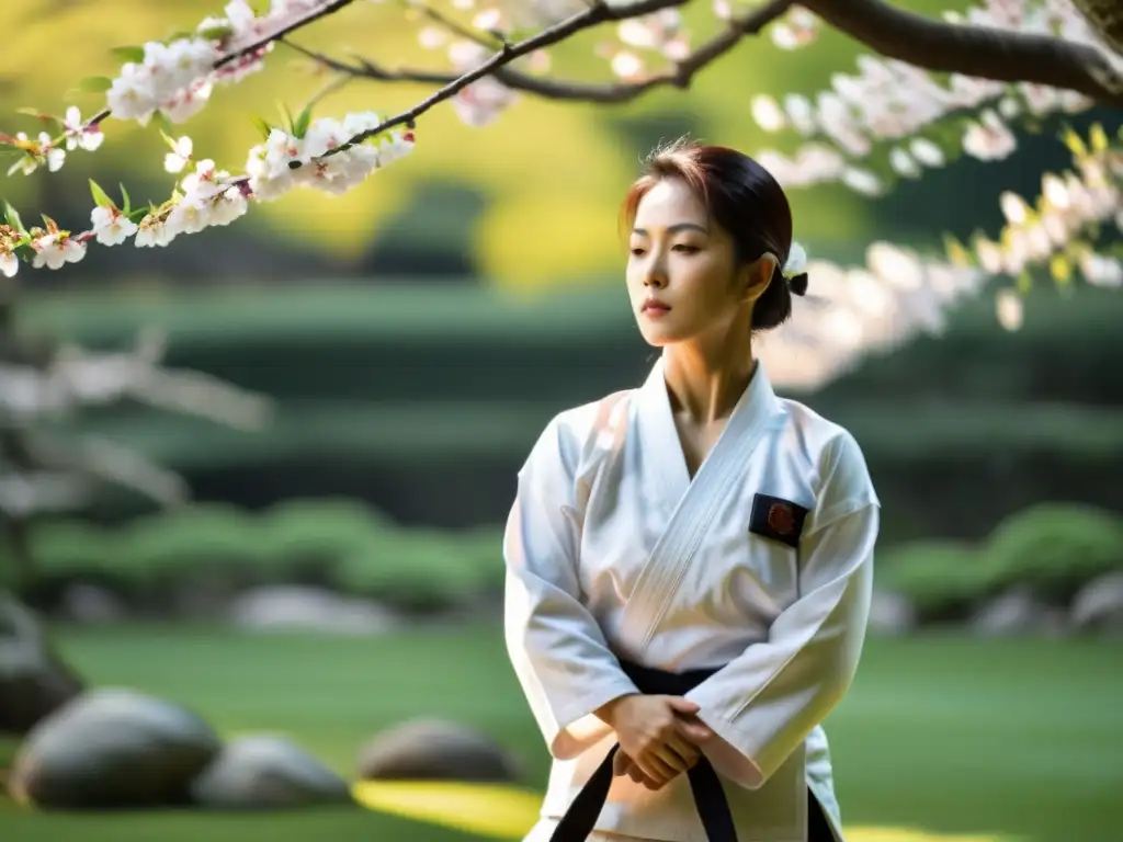 Un practicante sereno de Shorinji Kempo en gi blanco, ejecutando movimientos fluidos en un jardín japonés con cerezos en flor