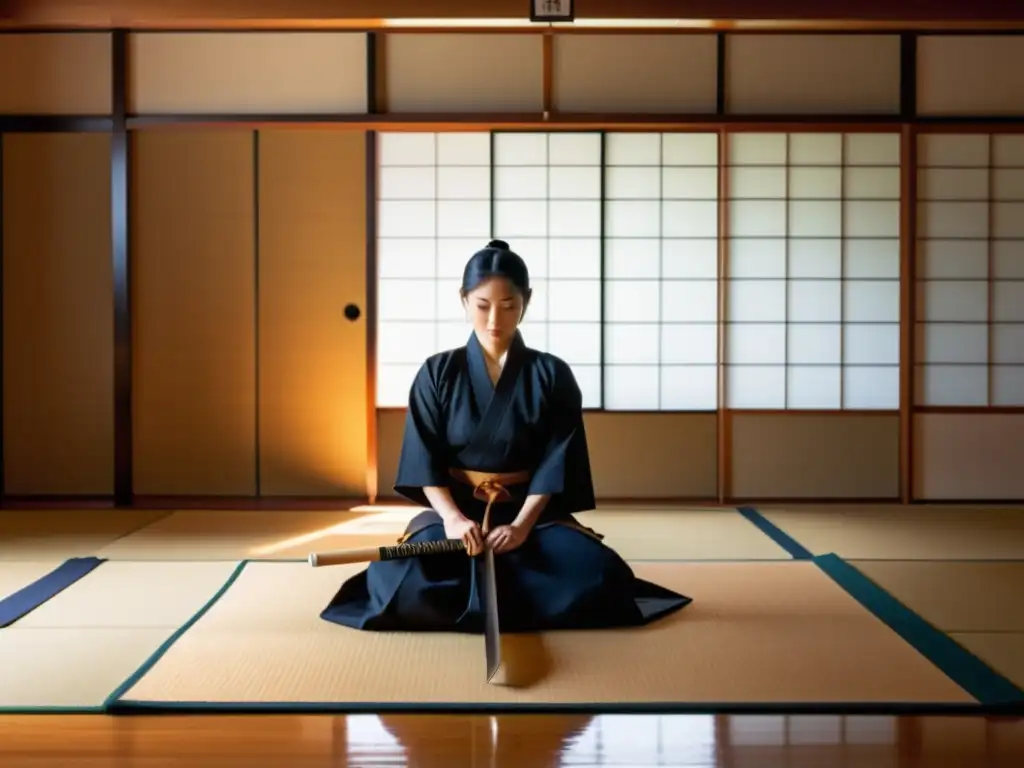 Un practicante solitario de iaido en un dojo sereno, iluminado por la espiritualidad en la práctica del Iaido