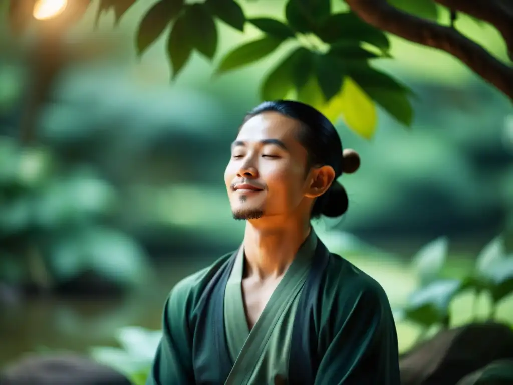 Un practicante taoísta en meditación, con ojos cerrados y una sonrisa serena, rodeado de naturaleza tranquila