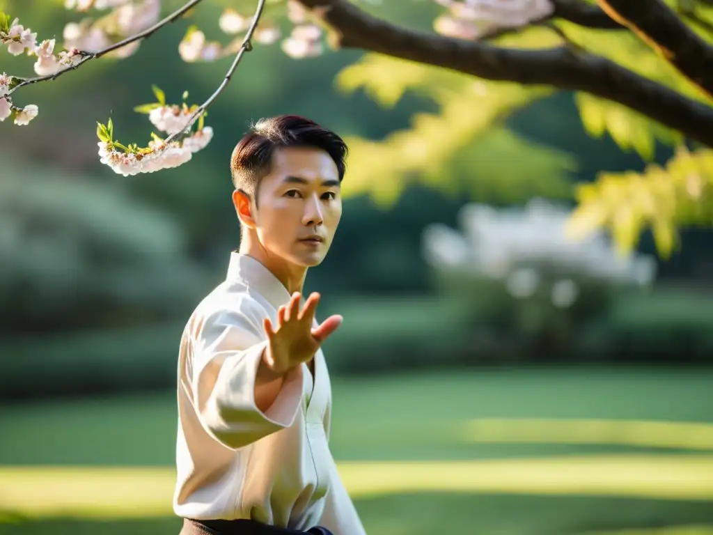 Un practicante de tai chi en un jardín tranquilo al amanecer, irradiando armonía y concentración