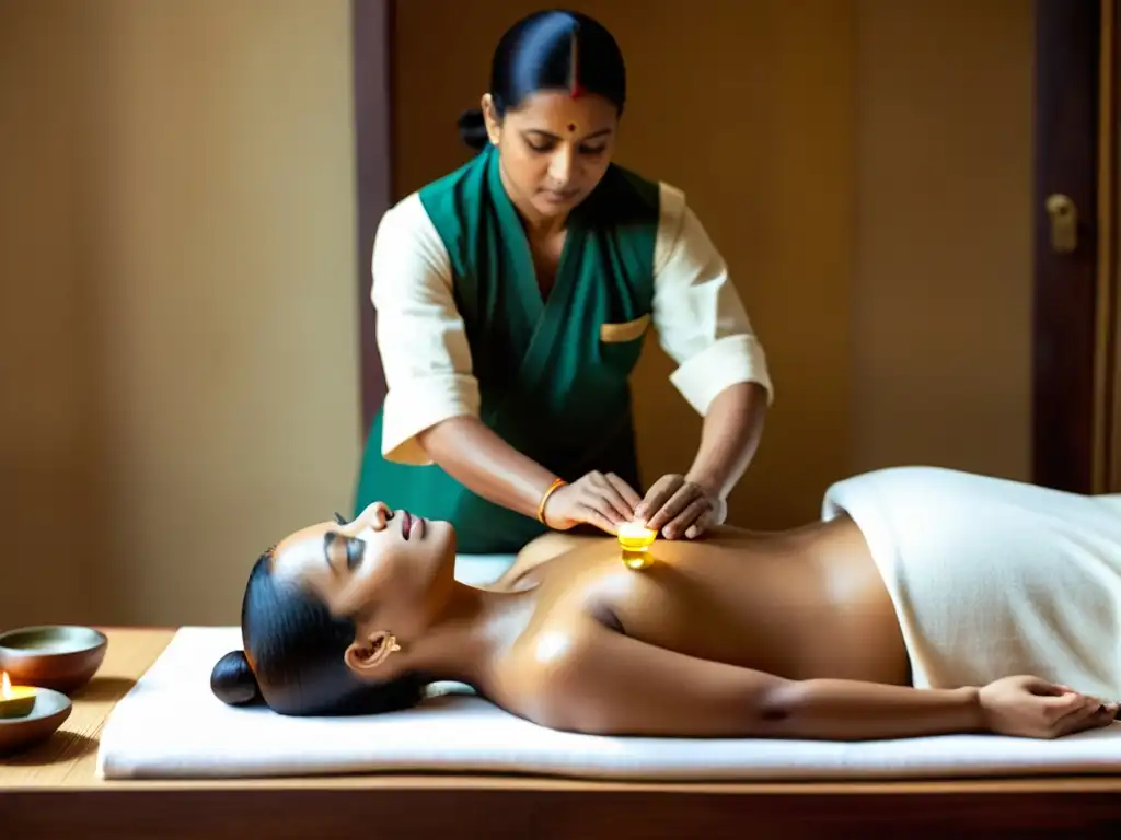 Un practicante de Ayurveda realiza un tratamiento de desintoxicación Panchakarma en un entorno auténtico y sereno en India, conectando con el vínculo entre Ayurveda y el Hinduismo