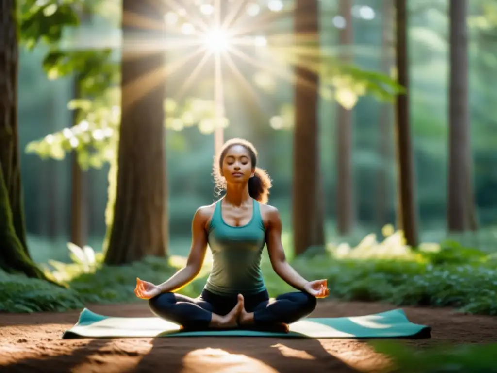 Practicante de yoga en postura del árbol, en armonía con la naturaleza