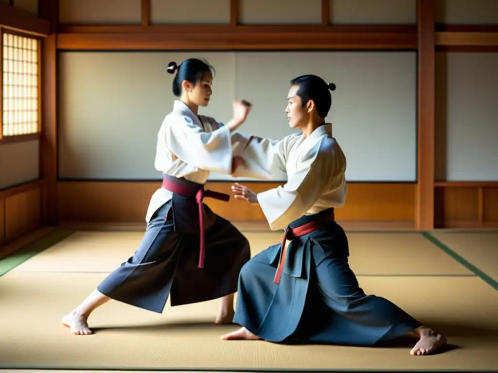 Practicantes de Aikido en un dojo tradicional, mostrando la armonía del arte marcial y su filosofía de resolución pacífica de conflictos