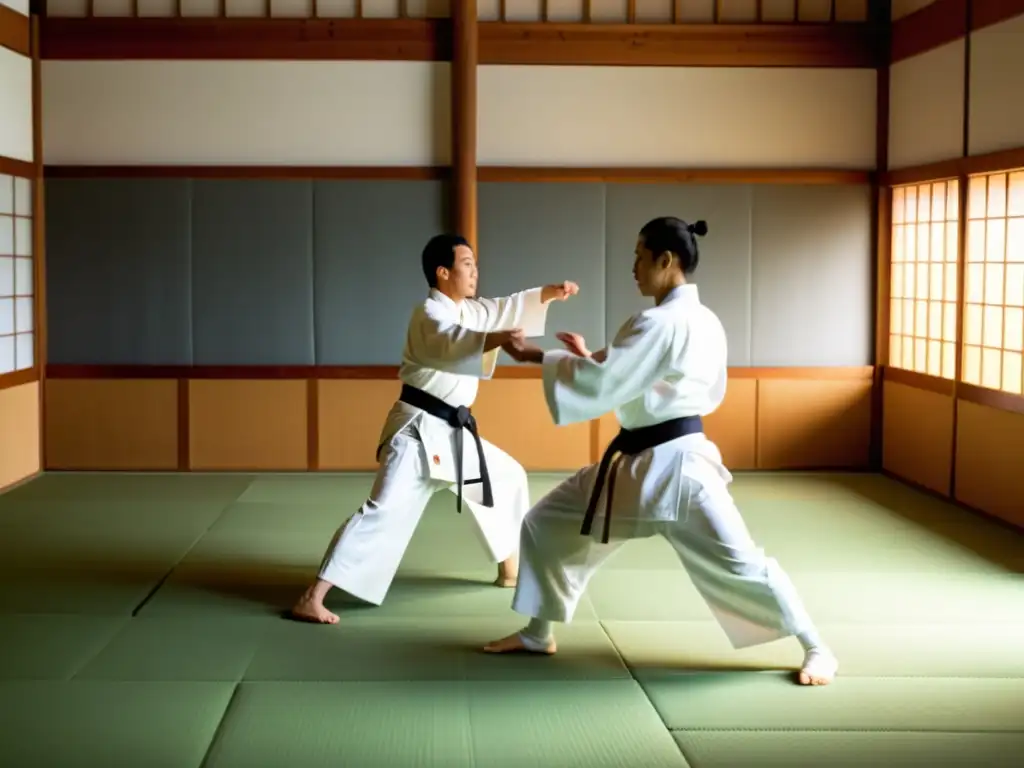 Practicantes de Aikido en uniformes blancos realizando técnicas en un dojo sereno