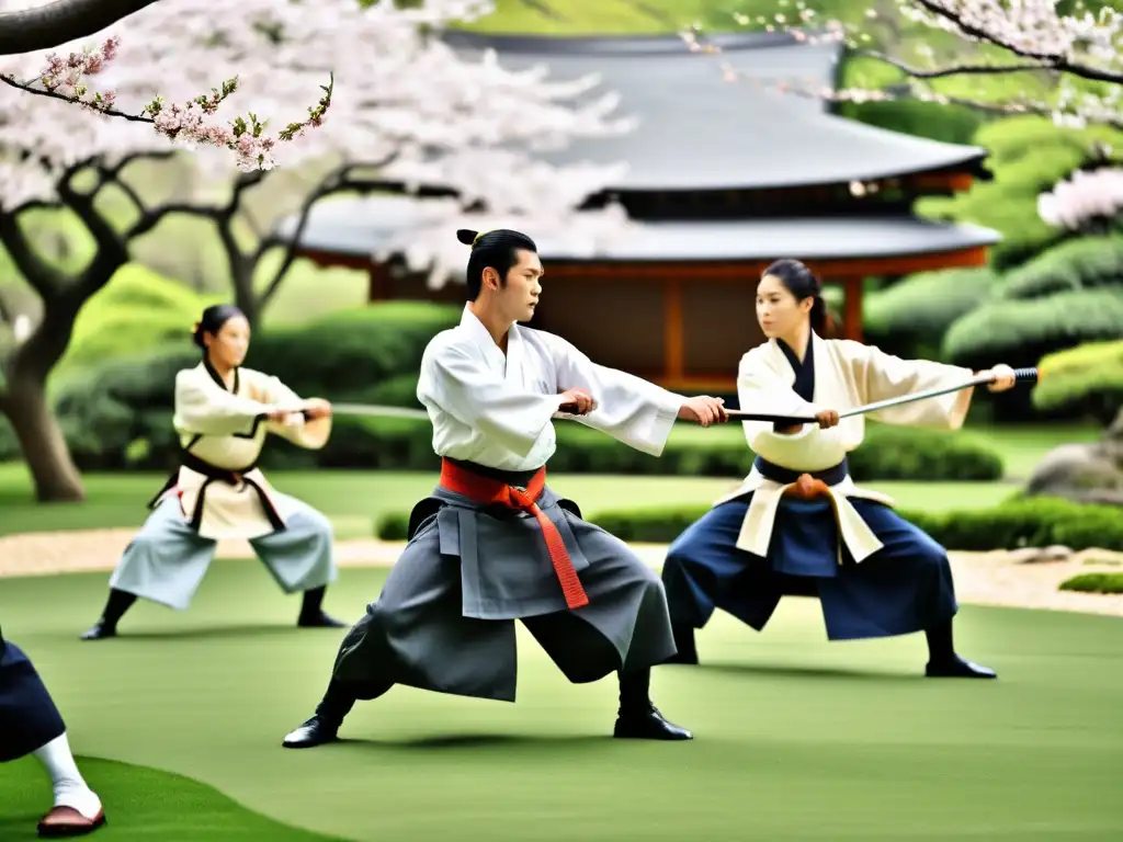 Practicantes de Aikijujutsu en un jardín japonés, demostrando técnicas samurai entre flores de cerezo