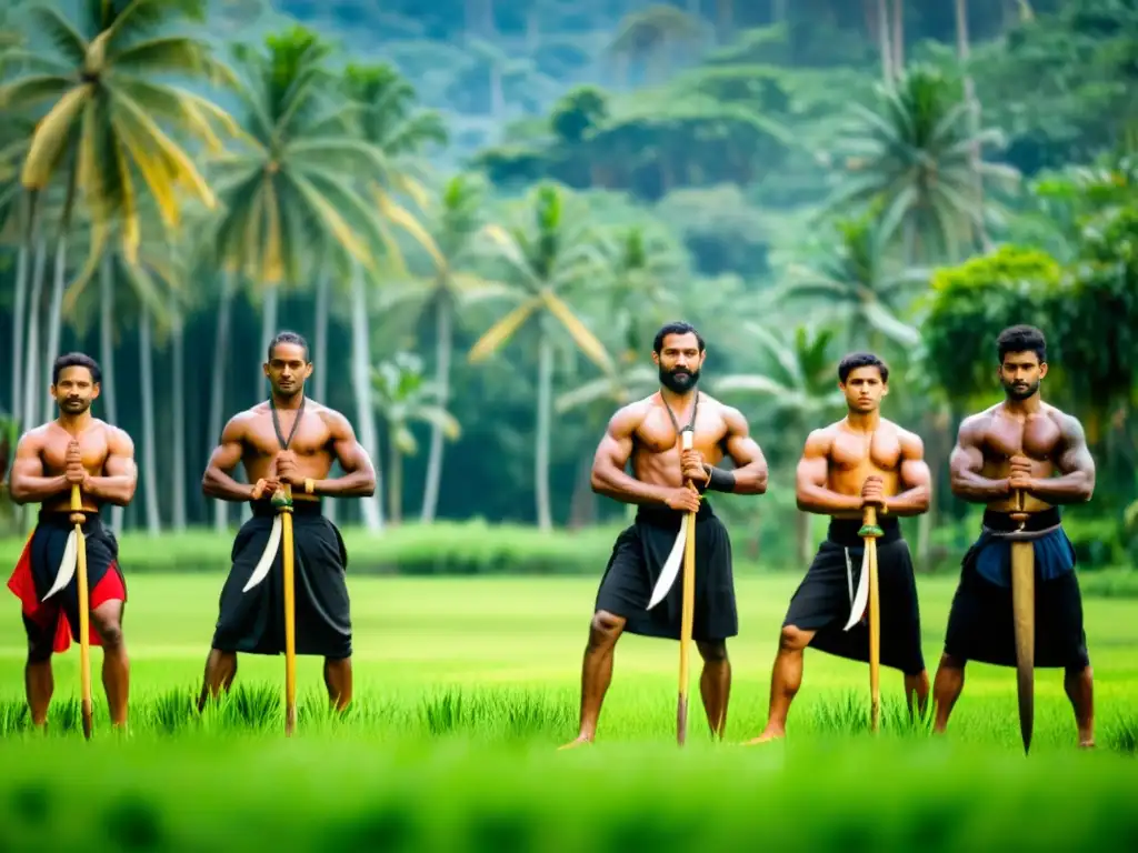 Practicantes de Kalaripayattu con armas tradicionales en un campo verde, mostrando destreza y concentración