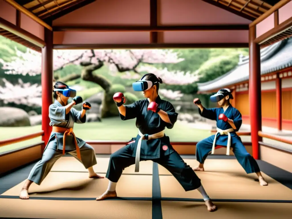 Practicantes de artes marciales en realidad virtual ejecutando movimientos precisos en un entorno digital de dojo japonés y cerezos en flor