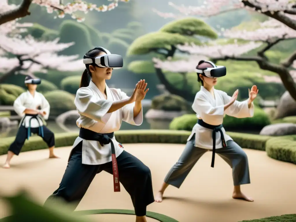 Practicantes de artes marciales en realidad virtual entrenando en un paisaje japonés sereno con árboles de cerezo en flor y un dojo tradicional