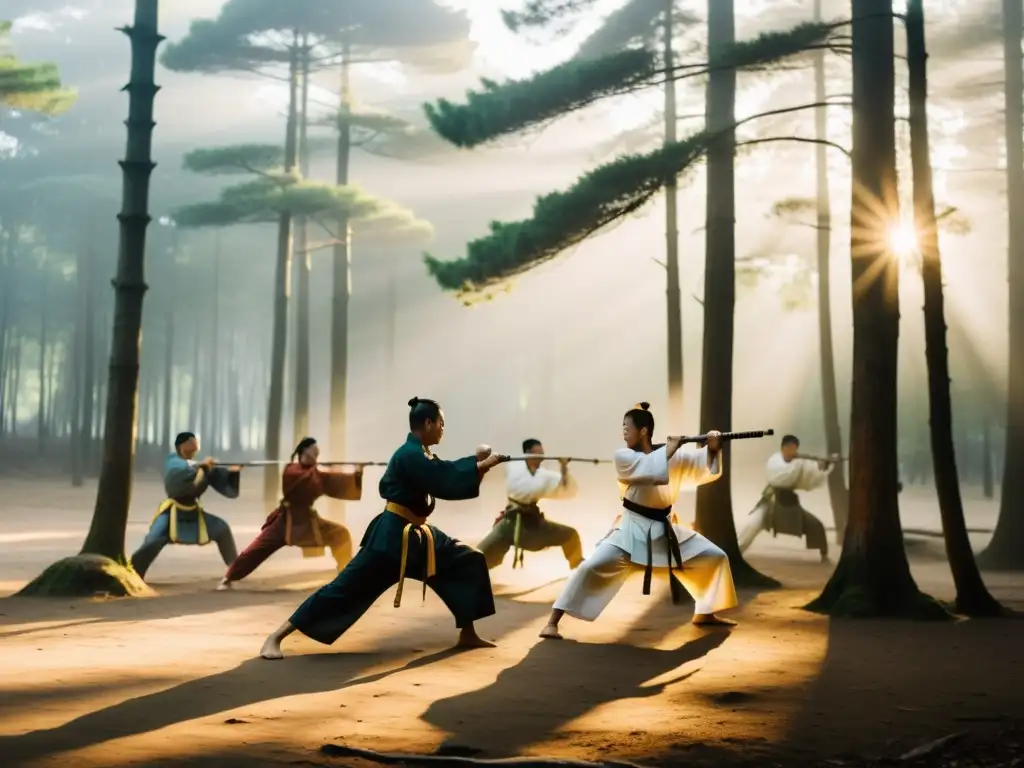 Practicantes de artes marciales tradicionales en un bosque neblinoso al amanecer, capturando la evolución de las artes marciales tradicionales en Asia