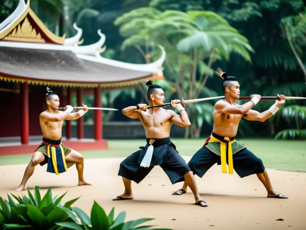 Practicantes de KrabiKrabong en atuendos tradicionales tailandeses, mostrando destreza y disciplina en un antiguo campo de entrenamiento