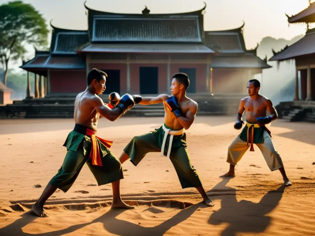 Practicantes de Bokator en trajes tradicionales realizan técnicas marciales en un escenario polvoriento al atardecer, con ruinas de templos al fondo