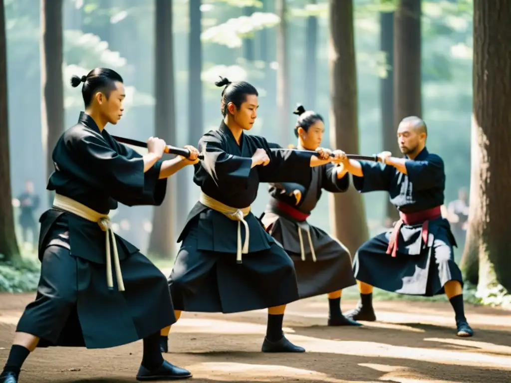 Practicantes del Bujinkan ejecutan movimientos precisos en un claro del bosque, conectando con la naturaleza