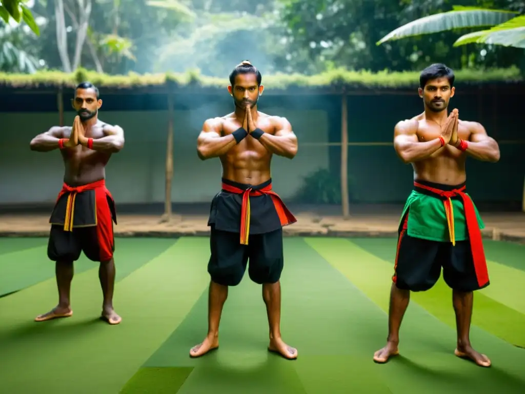 Practicantes de Kalaripayattu en un campo de entrenamiento verde, ejecutando movimientos precisos