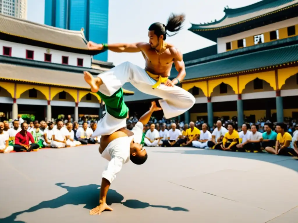 Practicantes de capoeira realizan acrobacias en una plaza asiática, fusionando artes marciales brasileñas con la vida urbana