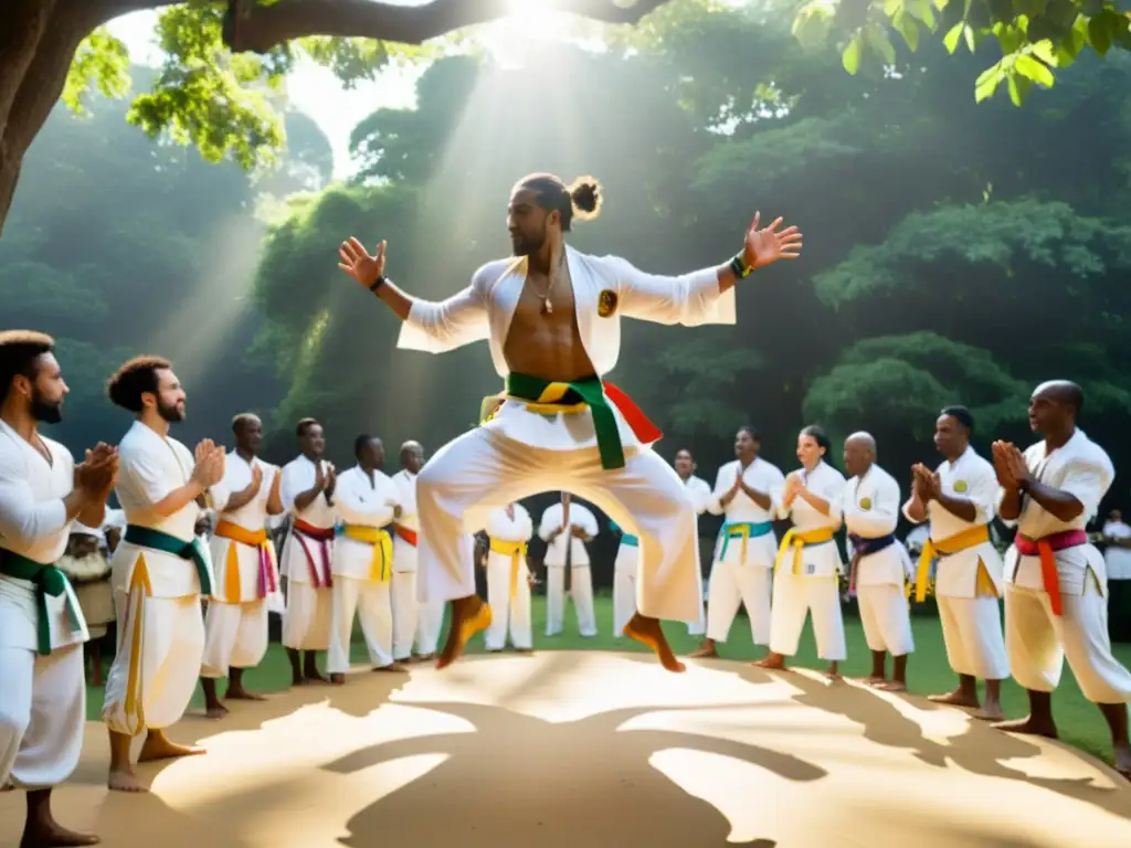 Practicantes de capoeira en círculo, vistiendo trajes tradicionales, ejecutando movimientos ágiles bajo la luz del sol, capturando la esencia de la lucha danzada de raíces africanas