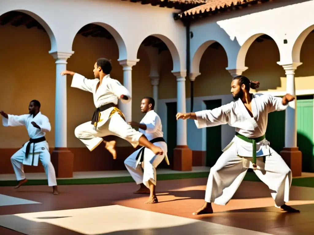 Practicantes de capoeira ejecutan movimientos dinámicos y elegantes en un patio al aire libre, destacando adaptaciones culturales en artes marciales