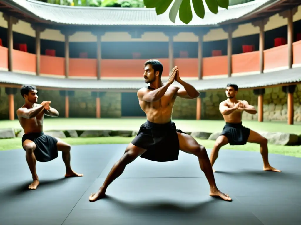 Practicantes de Kalaripayattu en entrenamiento intensivo, mostrando agilidad y fuerza