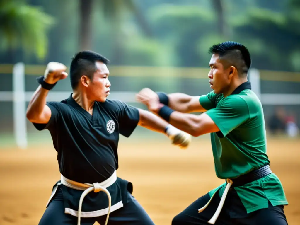 Practicantes de Eskrima en Filipinas, mostrando destreza y concentración en un emocionante combate de palos