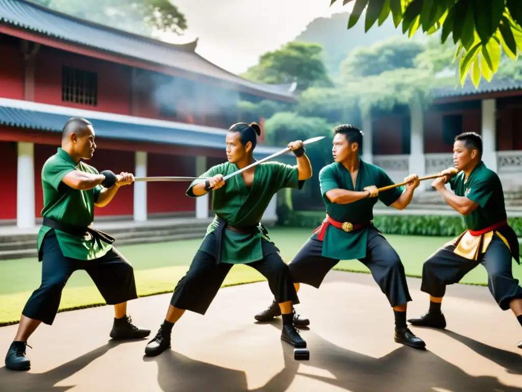 Practicantes de Eskrima filipina en vestimenta tradicional demostrando técnicas con armas, rodeados de exuberante vegetación y arquitectura histórica