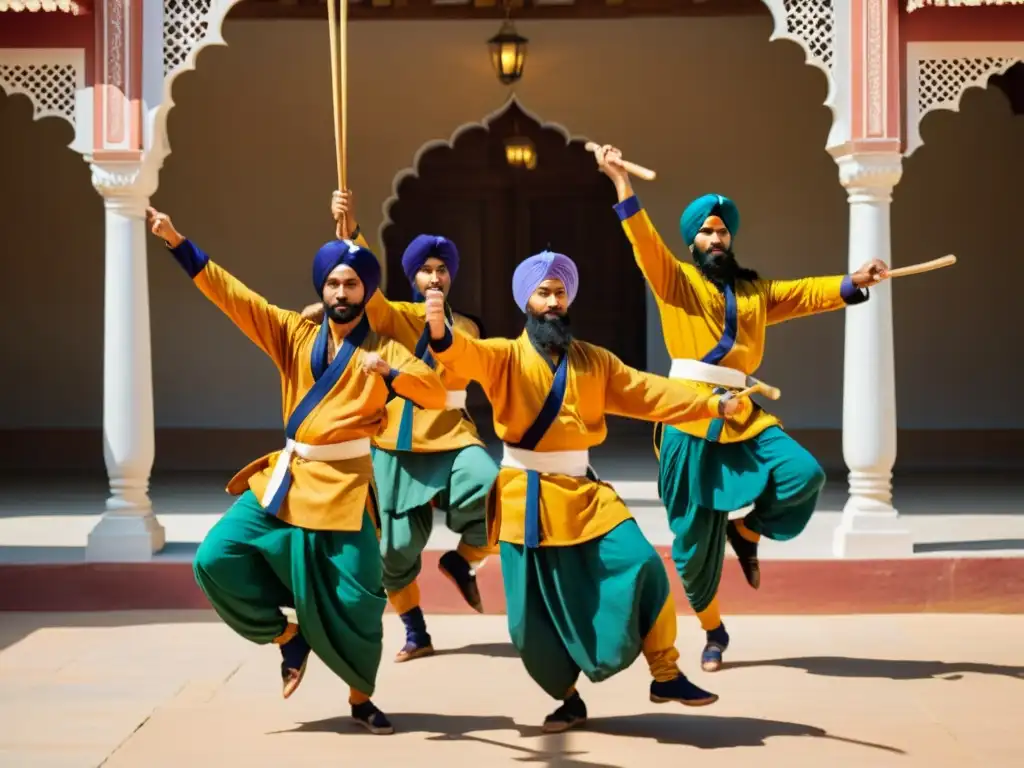 Practicantes de historia arte marcial Sikhs realizando una dinámica rutina de Gatka, destacando su identidad cultural y resiliencia