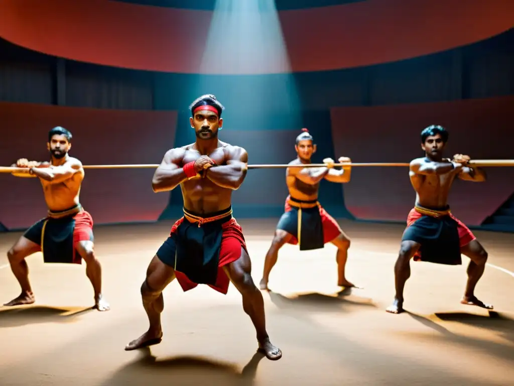 Practicantes de Kalaripayattu en intenso entrenamiento en un estudio de artes marciales tradicional, destacando la agilidad y fuerza
