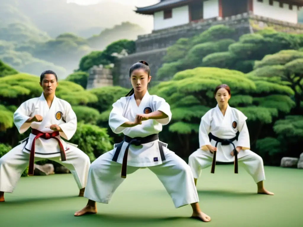 Practicantes de karate realizando kata en un dojo soleado con el castillo Shuri y exuberante vegetación, evocando la historia del karate en Okinawa