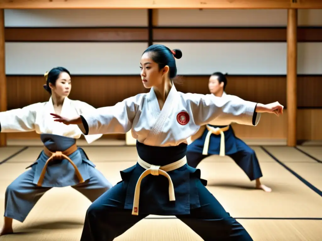 Practicantes de Yoseikan Budo realizan una kata sincronizada en un dojo sereno, mostrando precisión y concentración