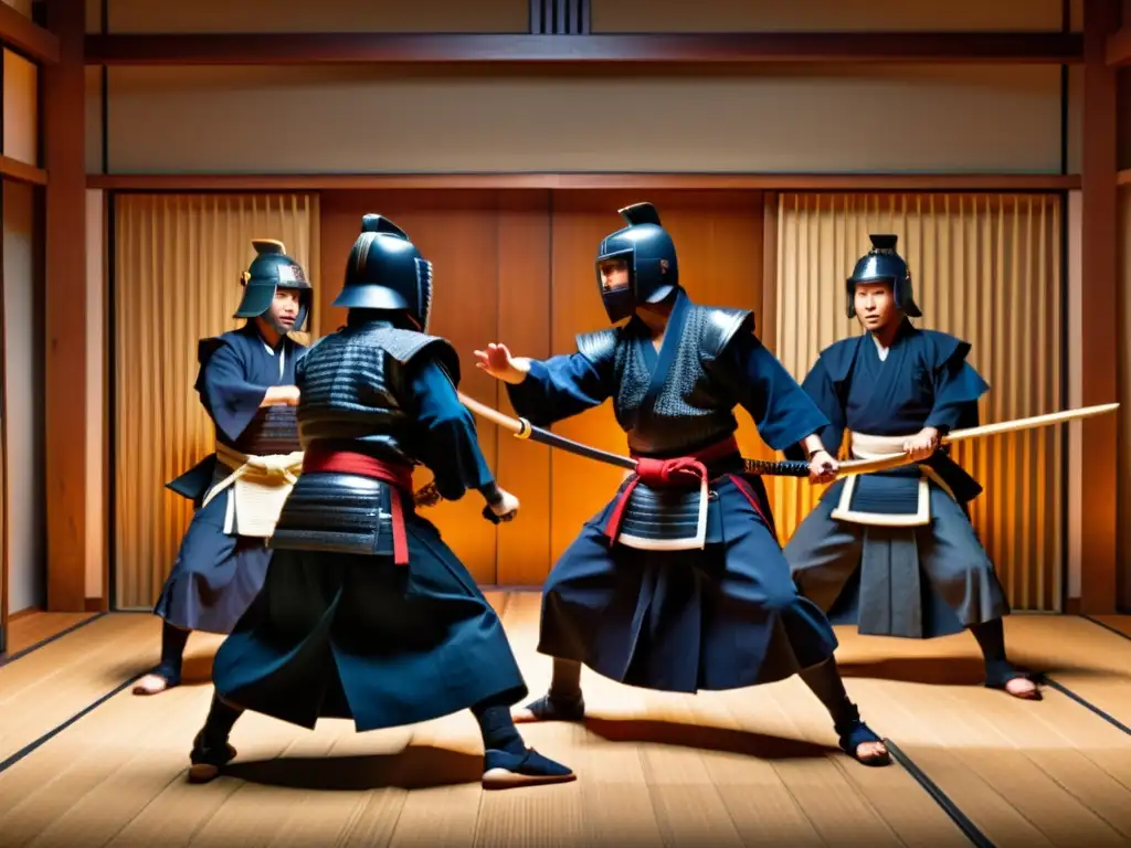 Practicantes de kendo en armadura tradicional, luchando con pasión en un dojo iluminado