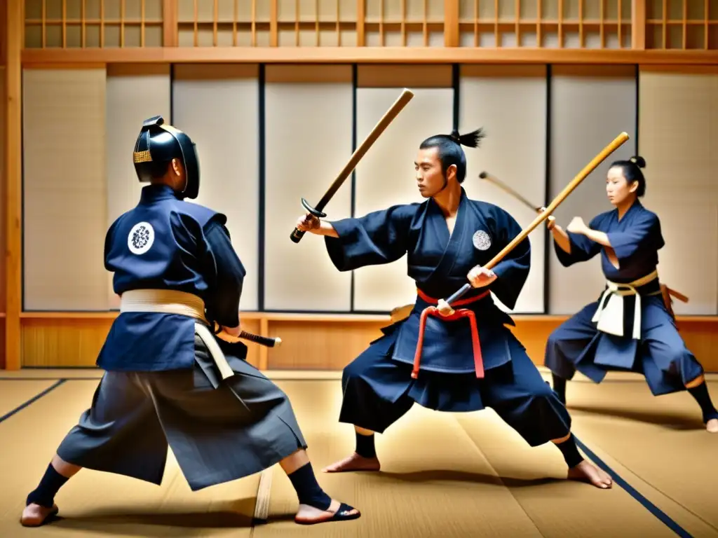 Practicantes de kendo en un dojo tradicional, con movimientos dinámicos que capturan la herencia samurái y el arte marcial centenario