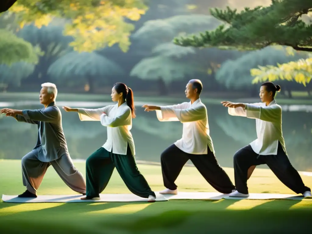 Practicantes de Tai Chi moderno en un parque sereno al amanecer, mostrando la elegancia y poder de esta práctica antigua