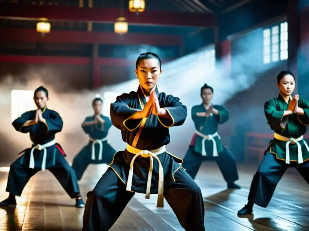 Practicantes de Kung Fu Hakka ejecutan movimientos poderosos en un salón oscuro, capturando la esencia de los Estilos Ocultos de Kung Fu