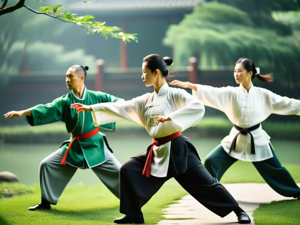 Practicantes de Taijiquan realizan movimientos precisos al aire libre, rodeados de exuberante vegetación