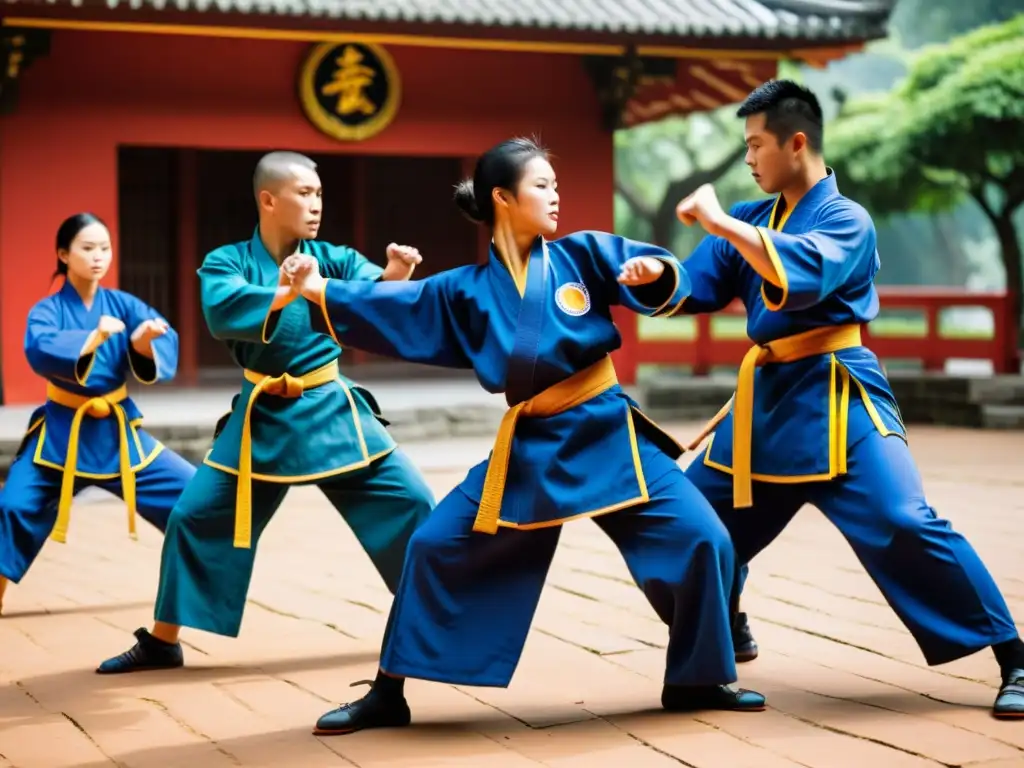 Practicantes de Vovinam ejecutan movimientos precisos y fluidos en un patio soleado con un templo vietnamita al fondo y exuberante vegetación