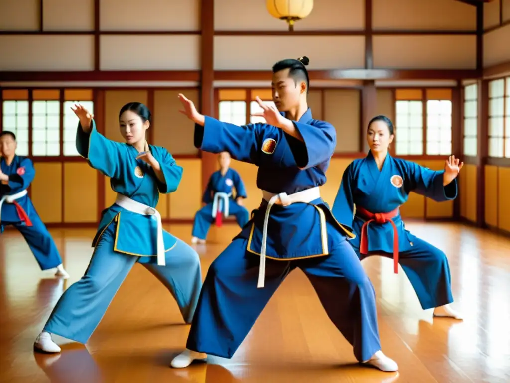 Practicantes de Vovinam ejecutan movimientos precisos y gráciles en un dojo tradicional, capturando el desarrollo del Vovinam después de Vietnam