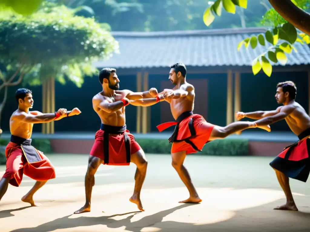 Practicantes de Kalaripayattu ejecutan movimientos precisos y potentes en un patio soleado rodeado de exuberante vegetación, mostrando el origen y técnica de Kalaripayattu con intensidad y gracia