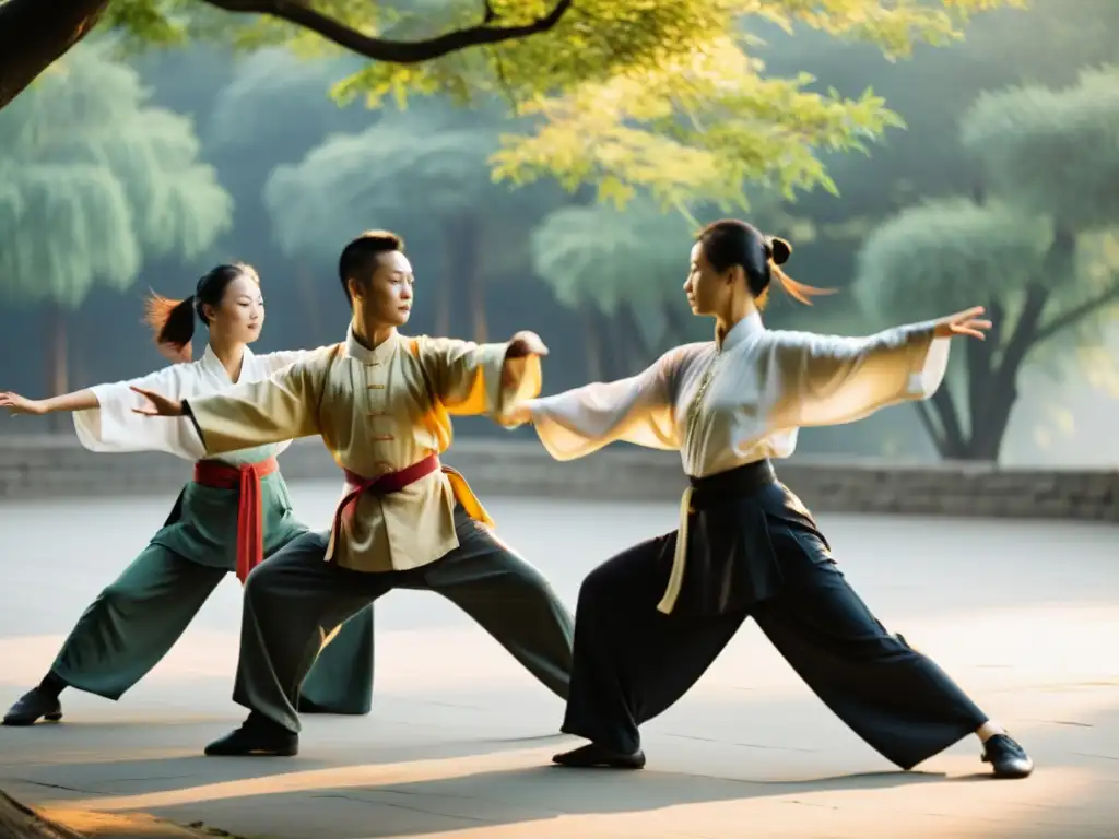 Practicantes de Taijiquan en armonía con la naturaleza, transmitiendo calma y fuerza en movimientos sincronizados