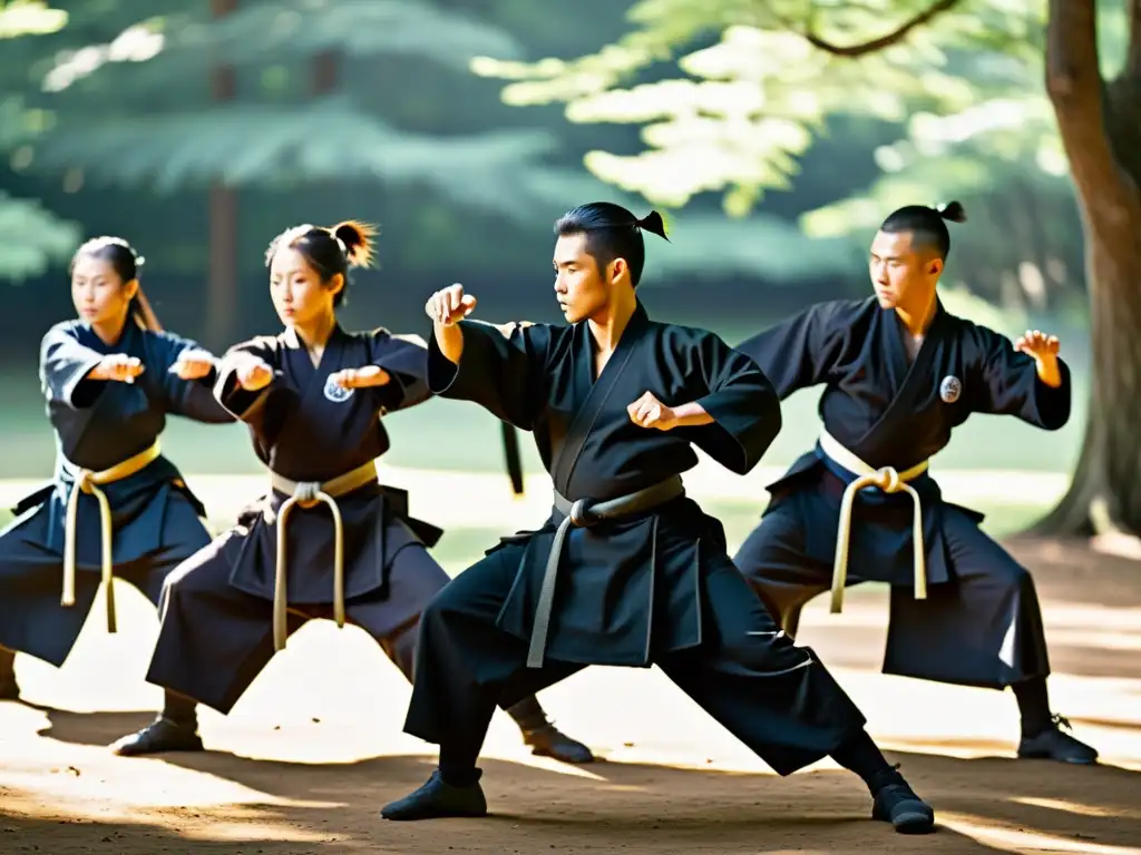 Practicantes de ninjutsu contemporáneo ejecutan técnicas precisas en un entorno natural, capturando el renacer del Ninjutsu contemporáneo