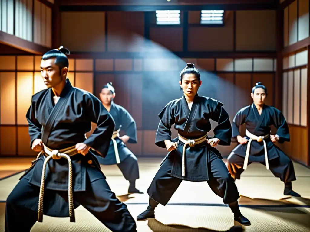 Practicantes de ninjutsu contemporáneo en trajes negros en un dojo, capturando el renacer del ninjutsu en el mundo moderno